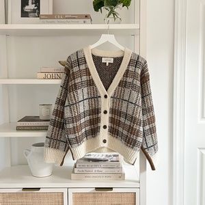 THE GREAT. Alpaca Plaid Cardigan Ivory/Brown Size 2 (Medium)